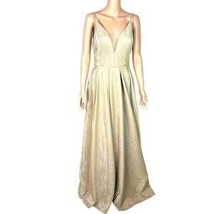 Metallic Gold Evening Gown By B. Smart With Plunging Back V-Neckline Adjustable
